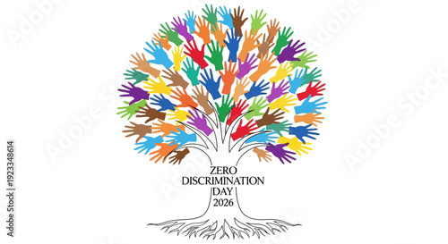 A colorful tree illustration with diverse leaves and the text 'Zero Discrimination Day 2026' on a white background, symbolizing equality and social inclusion for Zero Discrimination Day on