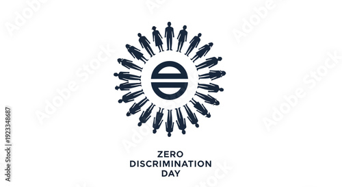 Illustration of a diverse group of people forming a circle around an equality symbol on Zero Discrimination Day, promoting social inclusion and anti-discrimination awareness with a bold