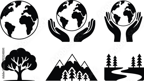 Black and White Icons Representing Earth Care and Nature Scenes Keywords: earth, globe, world, hands, holding, caring