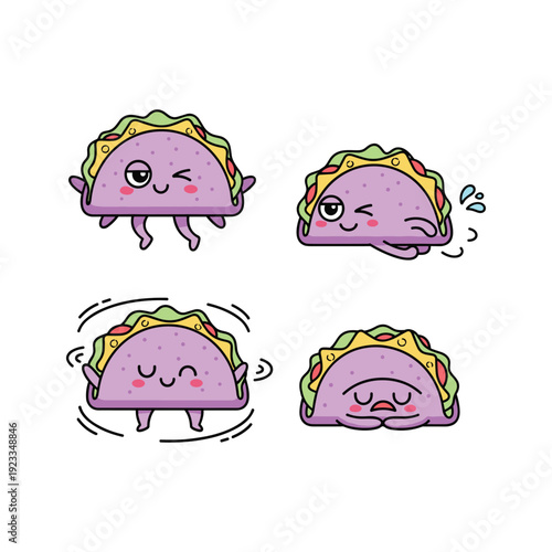 Cartoon tacos with different emotions and expressions on white background