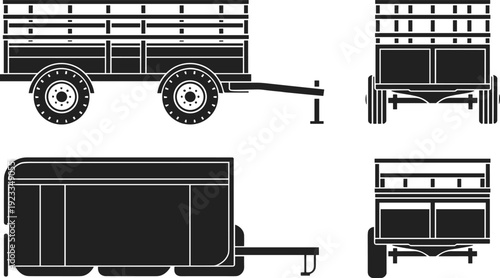 Black Silhouette Farm Trailers and Wagons in Multiple Views Keywords: trailer, farm, wagon, agriculture, vehicle, transport