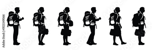 Full Body Silhouette Set of Backpackers and Travelers Carrying Rucksacks and Bags Vector Illustration Isolated on White Background for Outdoor Adventure and Tourism Concept