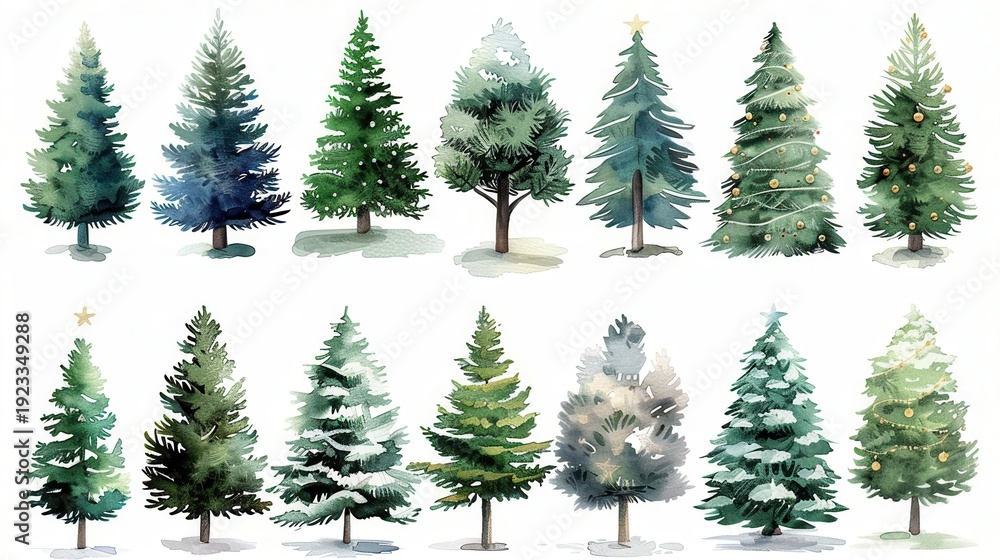 Obraz premium Watercolor illustrations of 14 different decorated and undecorated pine trees in a row on a white background.