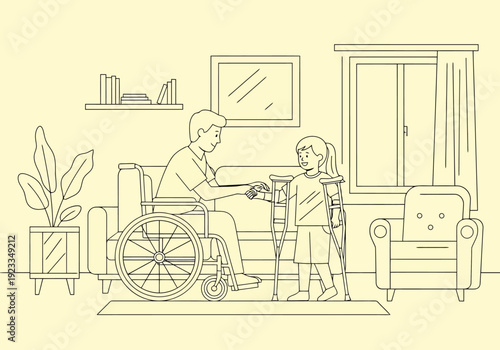 Caring adult in wheelchair assists young person with crutches inside a home living room setting demonstrating support togetherness and recovery