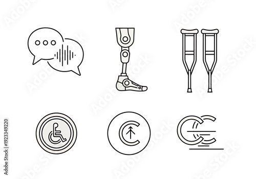 Collection of medical icons representing accessibility communication mobility assistive devices and copyright symbols for design illustrating