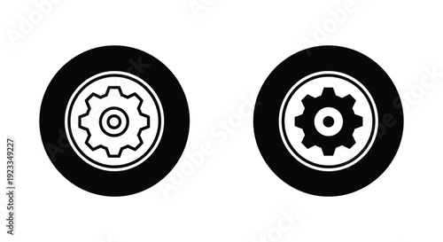Minimalist black and white gear icons representing settings, mechanical engineering, and industrial automation processes for web and app interface design.