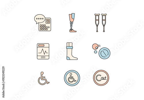 Collection of medical icons representing healthcare assistance and rehabilitation for people with disabilities and injuries