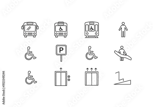 Collection of Accessibility and Transportation Icons Representing Public Transit Stations and Facilities for People with Disabilities