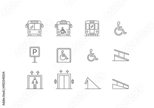 Collection of Accessible Transportation and Mobility Symbols Including Buses Elevators Parking Ramps and Wheelchair Access for Inclusive Urban Design