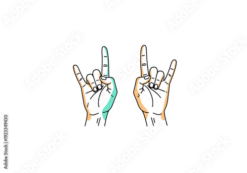Two hands making different gestures with fingers showing rock on and one finger up signs against a plain white background in an artistic outline style