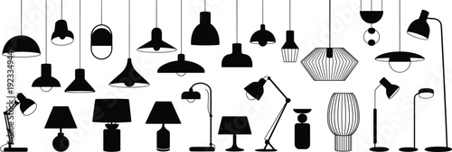 Modern lighting collection silhouettes, pendant table floor lamps set, minimalist interior design elements, home decor icons, black vector illustration
