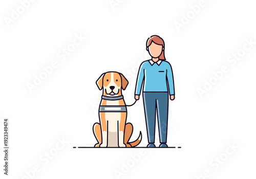 Human Companion Standing With Assistance Animal Working Animal On Leash Ready To Guide And Support Safely