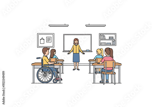 Diverse Students Learn Together In Inclusive Classroom Setting With Wheelchair User And Teacher Leading Lesson
