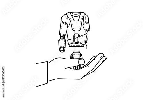 Human hand presenting advanced robotic torso limb mechanism for artificial intelligence development and automation future technology concept