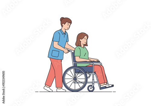 Caring Professional Pushing Patient in Wheelchair Healthcare Assistance Companionship Caring Support Togetherness Assistance Helping Mobility Support