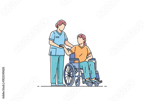 Caring healthcare professional assists individual in wheelchair with supportive gesture and gentle guidance on white background clean design concept