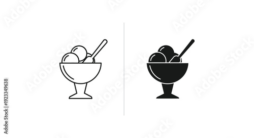 Minimalist ice cream sundae icons featuring three scoops in a bowl with a spoon, presented in outline and solid silhouette styles for menu and web design.