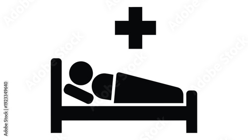 Patient lying in a hospital bed with a medical cross above isolated on white background, Vector