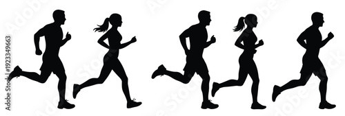 Full Body Silhouette Set of Men and Women Running or Jogging Vector Illustration Isolated on White Background for Sports and Fitness Concept