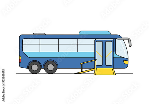 Modern Accessible Blue Passenger Transport Vehicle with Extended Ramp and Wide Windows for Public Transportation Illustration