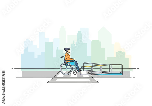 Person in wheelchair navigating accessible outdoor urban environment with city skyline backdrop and ramp access