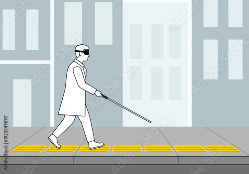 Person with visual impairment navigating urban sidewalk using tactile paving and mobility aid assistance for safe pedestrian travel and accessibility