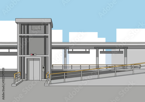 Modern Outdoor Elevator And Accessible Ramp System For Public Transportation Station With Clear Blue Sky Background And Building Facade