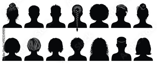 Collection of Diverse Avatar Profile Silhouettes with Various Hairstyles for Men and Woman Vector Illustration Isolated on White Background for Social Media and User Identity Concept
