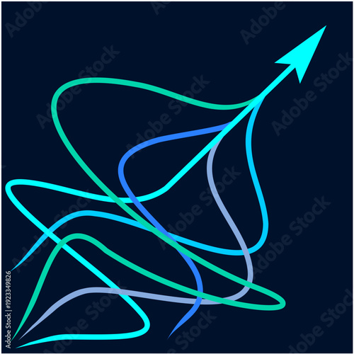 Graphic vector of blue and green color ropes converging into arrows isolated on dark background, Arrow in same direction for rising to success	