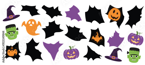 Halloween Icon Set Vector Illustration of Spooky Witch Hat Ghost Pumpkin Frankenstein and Bat Elements Isolated on White Background for Holiday Graphic Design
