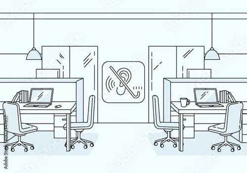 Modern Open Plan Office Environment with Desks Chairs Laptops and a Concept Icon Representing Noise Reduction or Silence