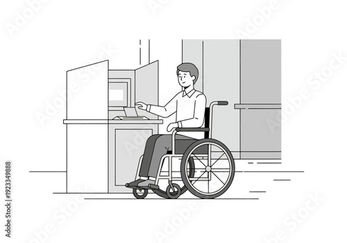 Person using wheelchair operates self service terminal accessible design for independence and convenience in modern environment
