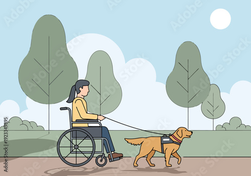 Woman in wheelchair with service dog walking on pathway in park with trees and sun overhead representing independence mobility and assistance