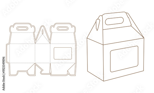 Brown line drawing of cardboard box with handle and folded template