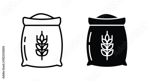 Minimalist vector icons of flour sacks with wheat ear symbols, representing organic grain storage and agricultural harvest for bakery and food industry design.