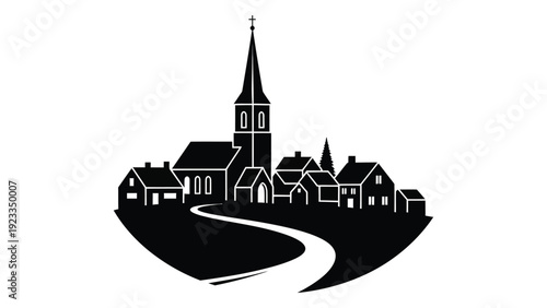 A black and white image of a church and houses isolated on white background, Vector