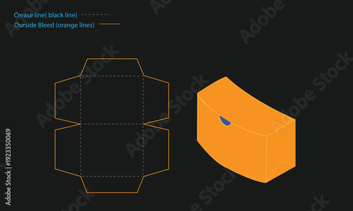 Orange cardboard box template with crease and bleed lines for packaging design