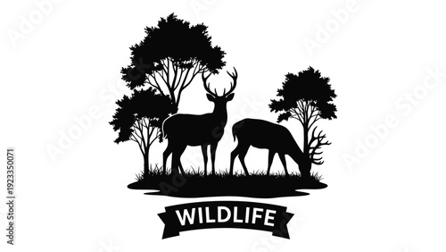 A black silhouette of deer and trees with a wildlife banner isolated on white background, Vector