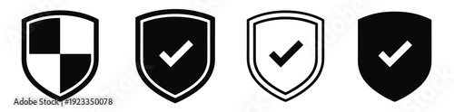 Black Shield Icon Set Vector Illustration with Checkmark and Protection Symbols Isolated on White Background for Security and Data Privacy Concept