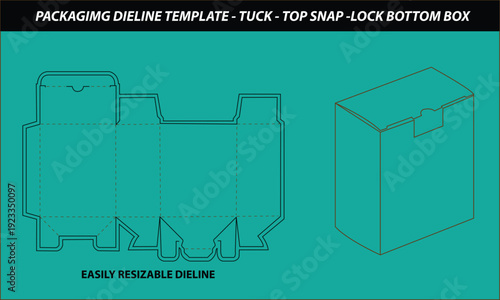 Packaging die line template for tuck top snap lock bottom box design