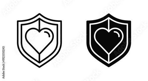 Set of minimalist shield icons with heart symbols representing health insurance, medical protection, and emotional security for healthcare, wellness, and life insurance branding.