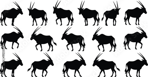 Antelope silhouette collection, black wildlife animal poses, running walking standing gazelle icons, African fauna vector illustration set isolated
