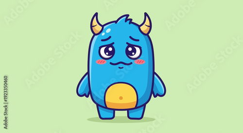 Cute Blue Monster with Horns and Yellow Belly, Shy Expression, Vector Illustration