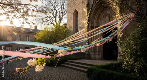 Colorful ribbons and blossoming branches decorate the entrance to a historic stone church in springtime sunlight.