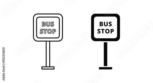 Minimalist bus stop sign vector icons in outline and solid black styles for public transportation maps and urban navigation app design