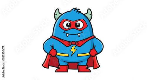 Cute Blue Superhero Monster with Red Cape, Mask, and Lightning Bolt Emblem