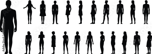 Collection of black silhouettes of men and women standing in various poses on a white background Keywords: silhouette, people