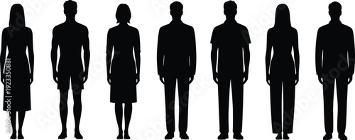 Black silhouette illustration of seven human figures standing side by side in alternating male and female forms, representing diversity, clothing styles, posture, and abstract design