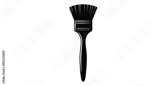A black paintbrush with a long handle and a fan-shaped brush head isolated on white background, Vector