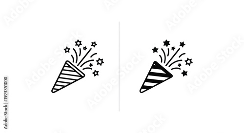 Minimalist black and white party popper icons with exploding confetti and stars for festive celebrations, birthday events, and achievement announcements